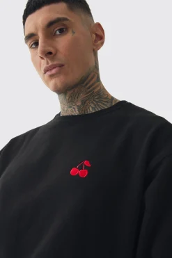 boohooMAN Tall Cherry Embroidered Sweat | UK| Hoodies & Sweatshirts