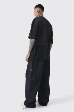 boohooMAN Tall Crinkle Nylon Cargo Parachute Trousers In | UK| Trousers