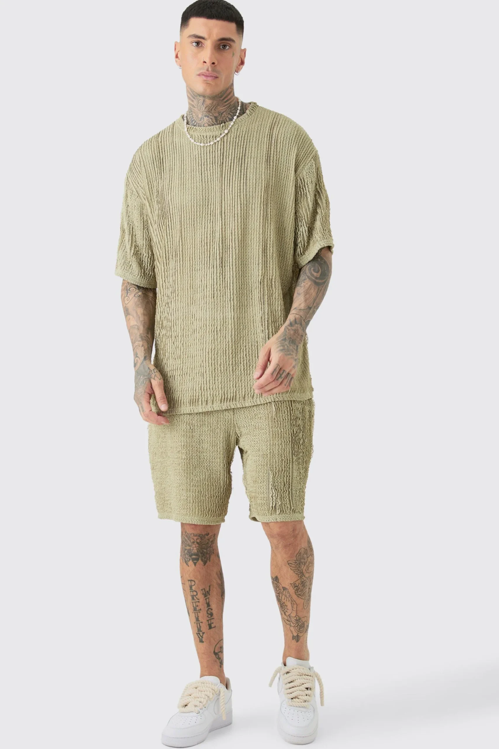 Tall Crochet Rib T-Shirt & Short Set | UK^boohooMAN