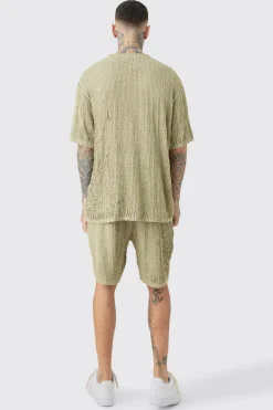Tall Crochet Rib T-Shirt & Short Set | UK^boohooMAN