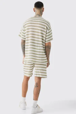 boohooMAN Tall Crochet Striped T-shirt & Short Set | UK| Tracksuits