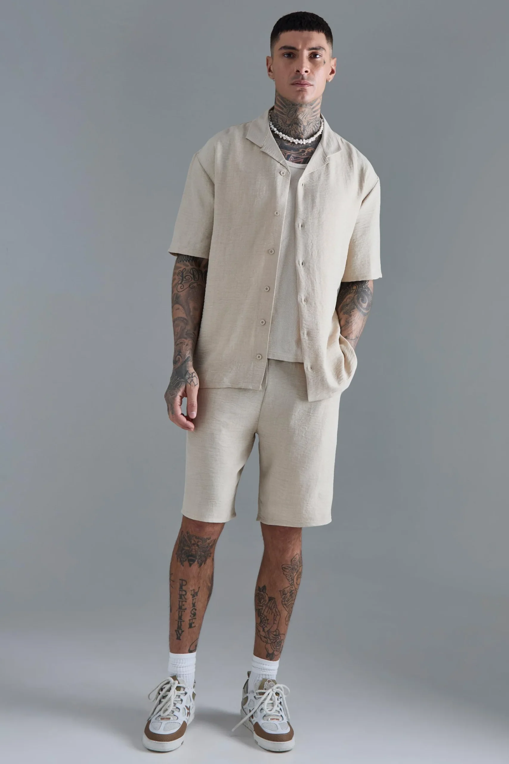 boohooMAN Tall Drop Revere Linen Shirt & Short Set In | UK| Sets & Co-Ords