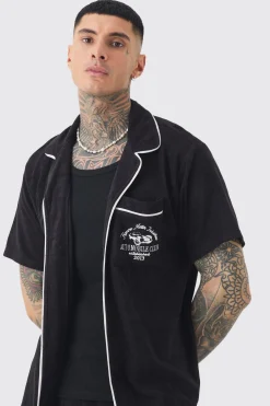 boohooMAN Tall Embroidered Towelling Shirt & Short Set In | UK| Tracksuits
