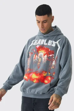 boohooMAN Tall Fearless Print Oversized Washed Hoodie In | UK| Hoodies & Sweatshirts
