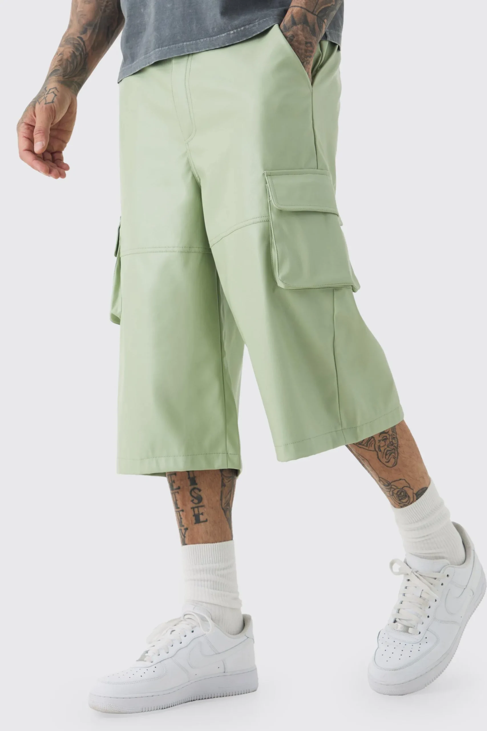 boohooMAN Tall Fixed Waist PU Panels Cargo Jorts | UK| Shorts