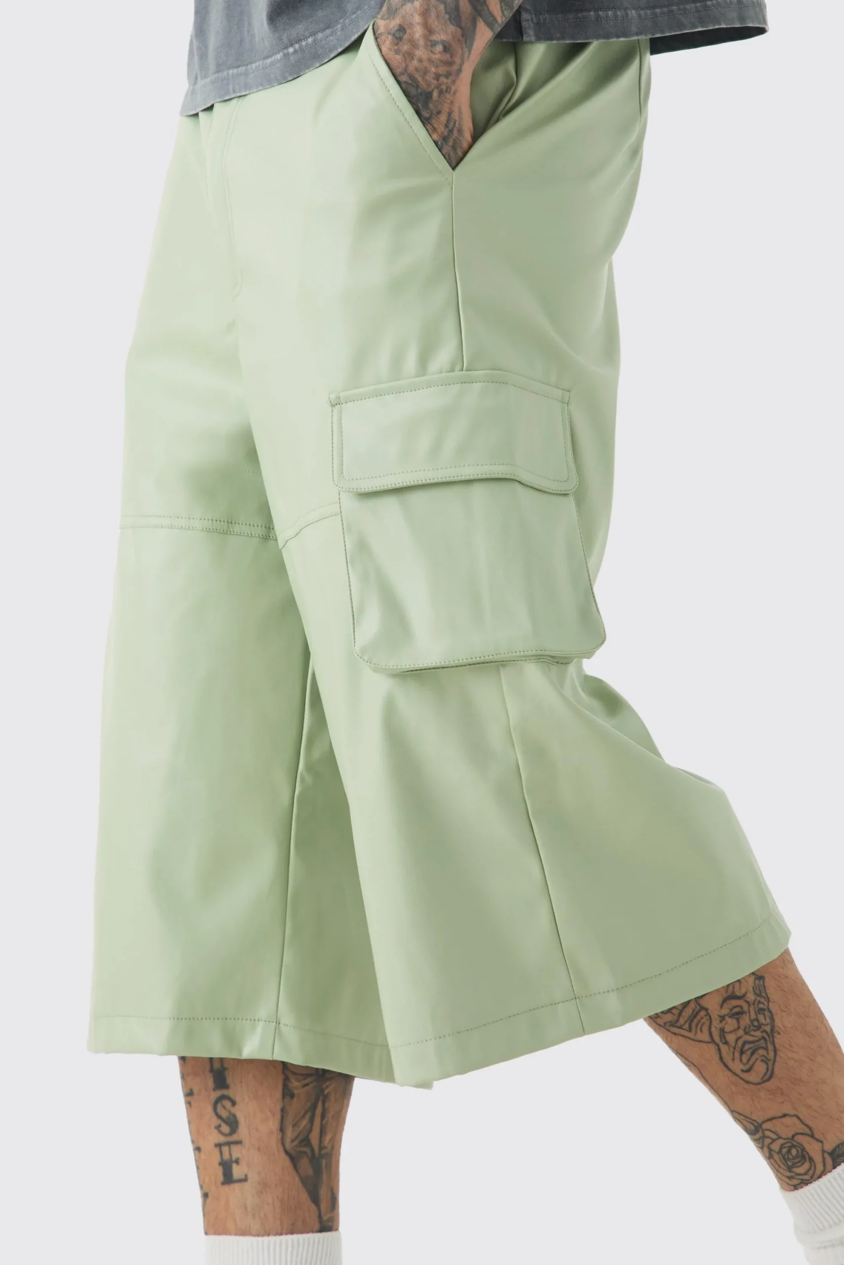 boohooMAN Tall Fixed Waist PU Panels Cargo Jorts | UK| Shorts