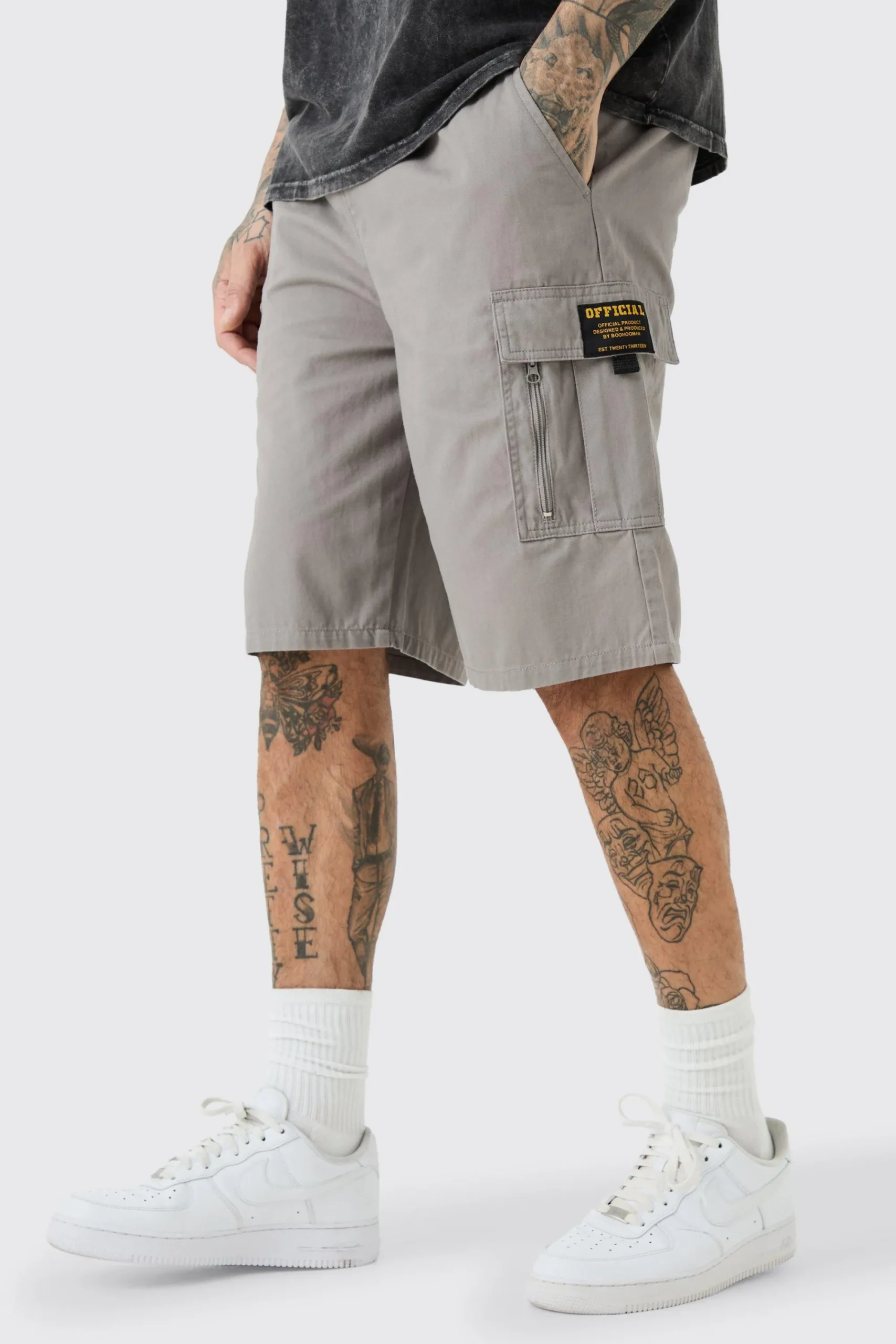 boohooMAN Tall Fixed Waist Twill Relaxed Cargo Zip Detail Tab Short | UK| Shorts