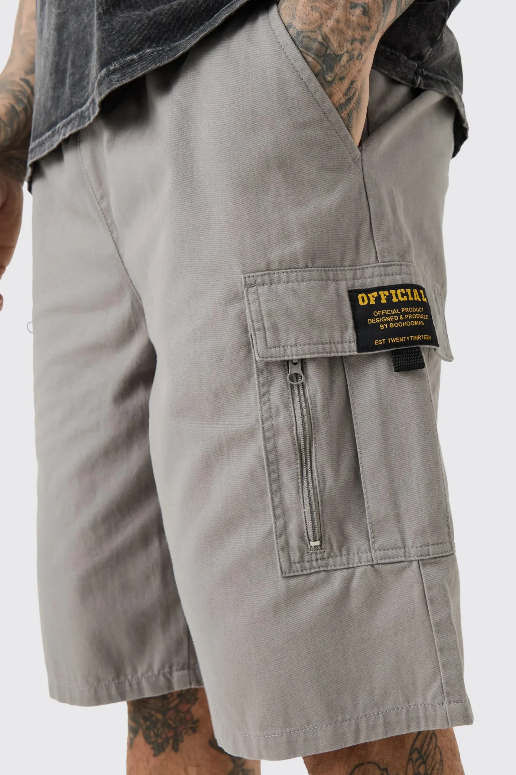 boohooMAN Tall Fixed Waist Twill Relaxed Cargo Zip Detail Tab Short | UK| Shorts