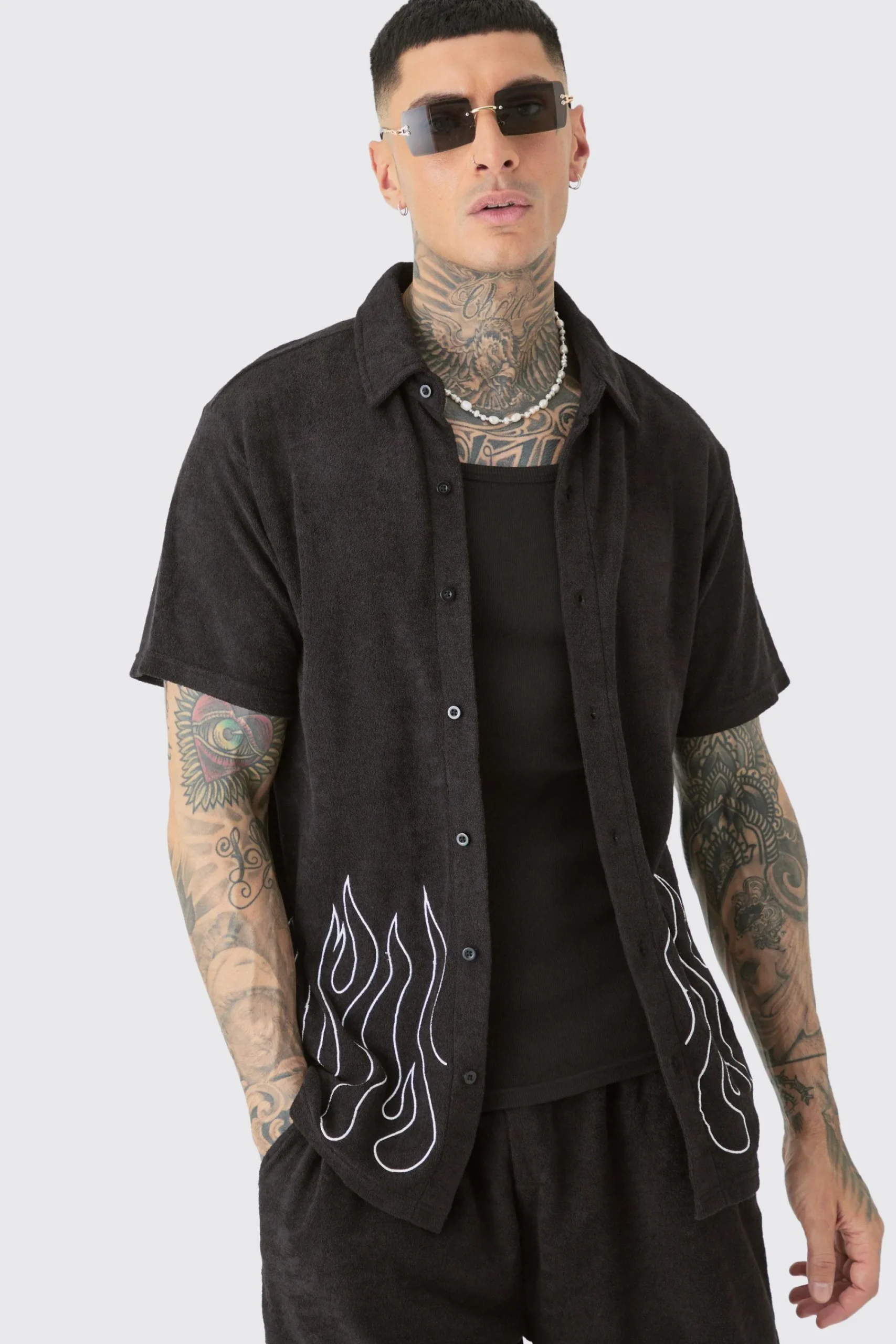 boohooMAN Tall Flame Embroidered Towelling Shirt & Short Set | UK| Tracksuits