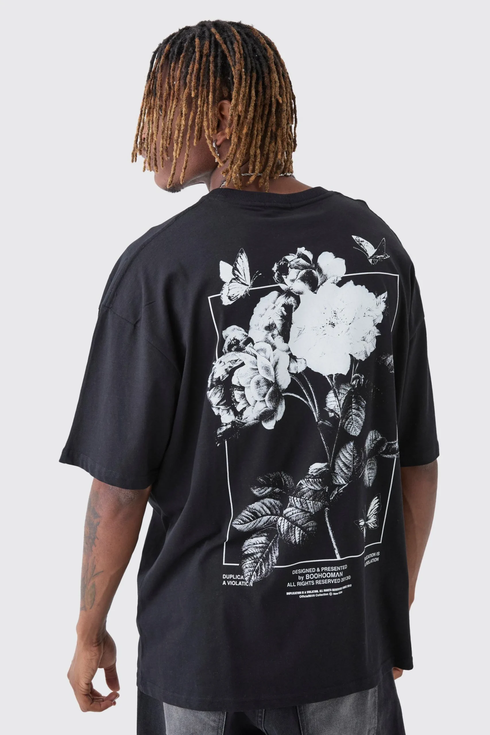 Tall Floral Butterfly Graphic Back Printed T-Shirt | UK^boohooMAN