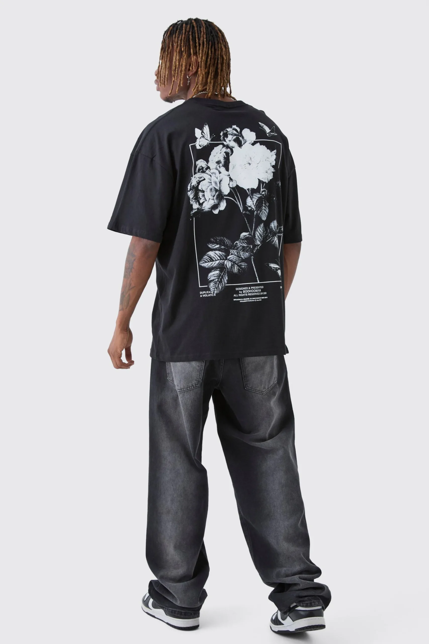 Tall Floral Butterfly Graphic Back Printed T-Shirt | UK^boohooMAN