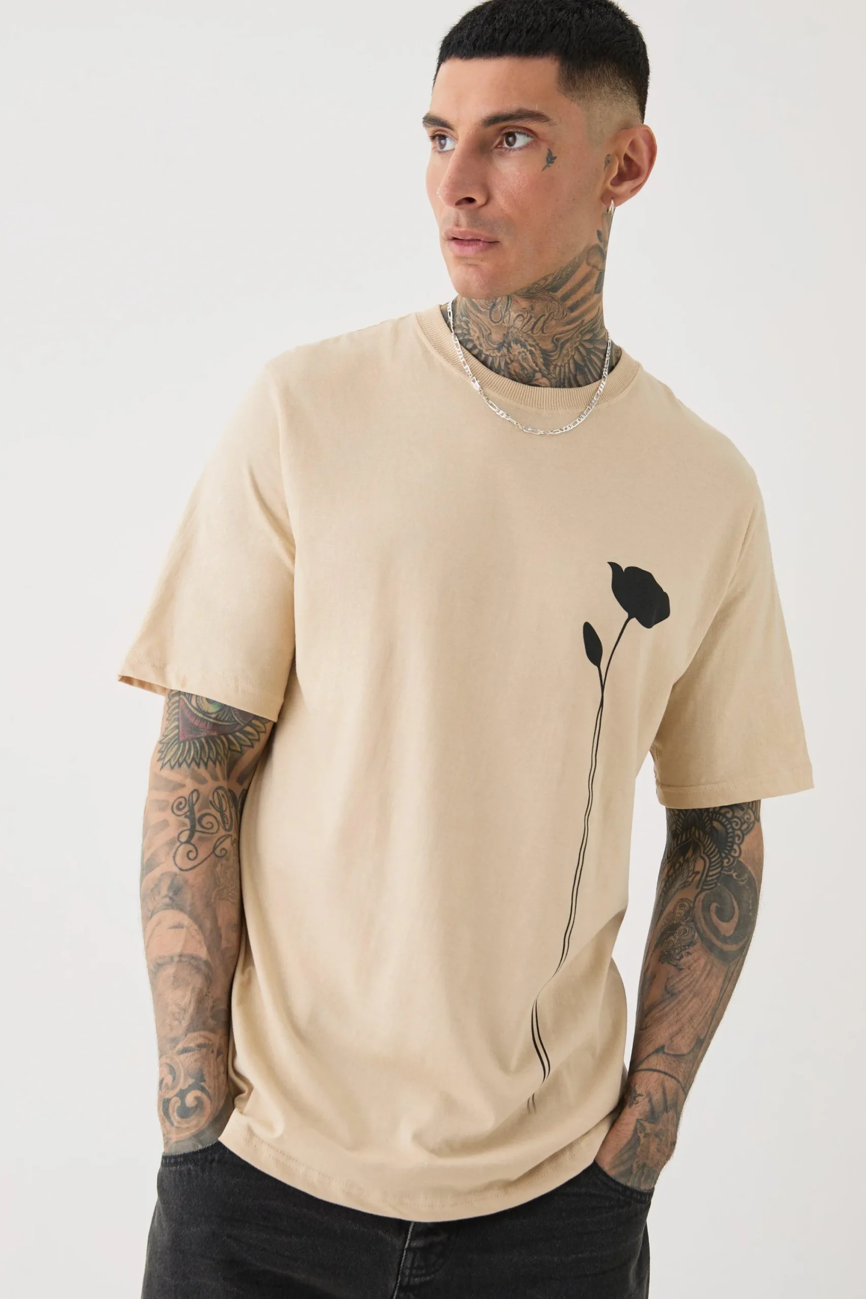 Tall Floral Line Drawing Print T-shirt | UK^boohooMAN Sale
