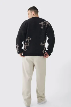 boohooMAN Tall Gothic Cross Oversized Fluffy Knitted Sweat | UK| Knitwear