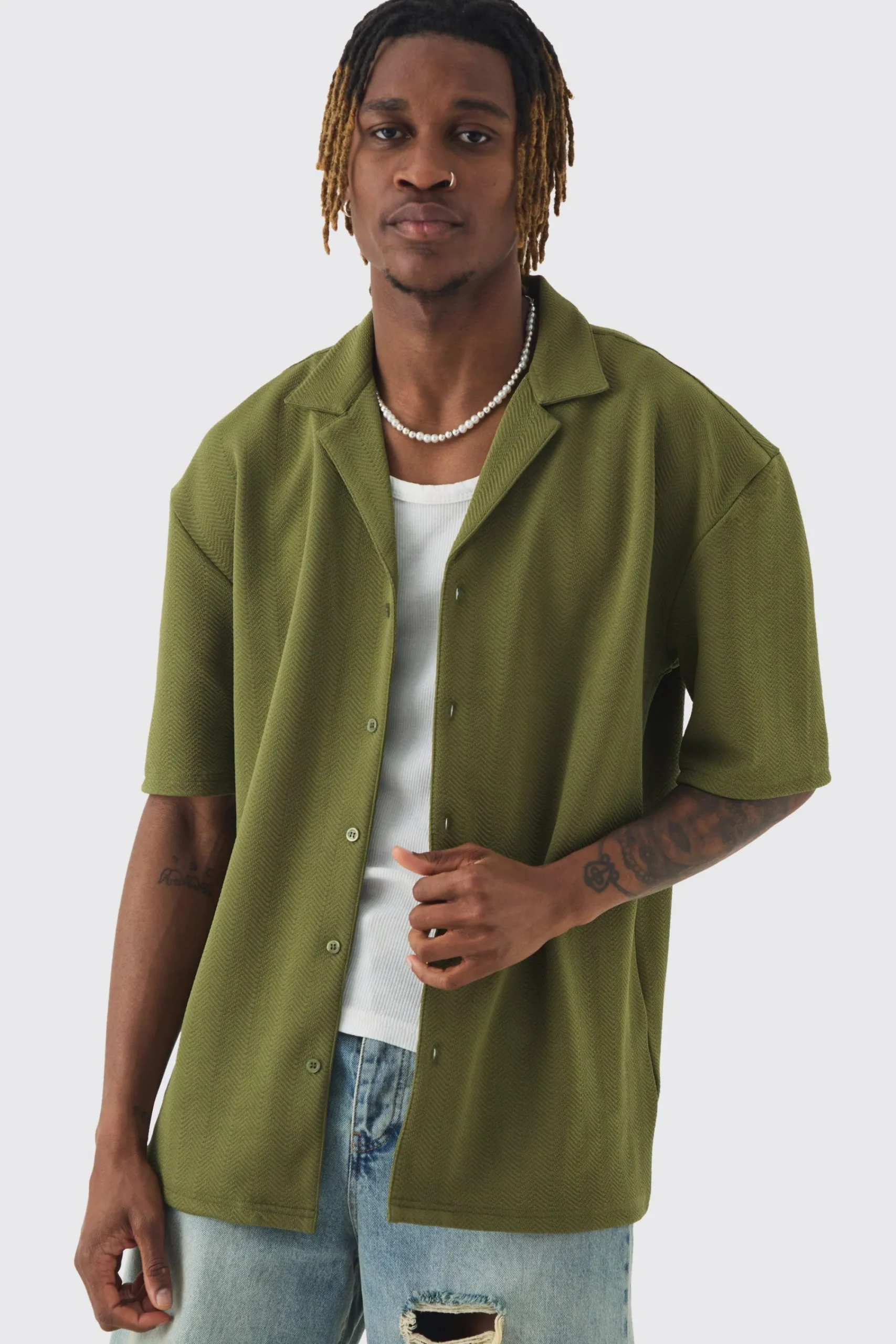 boohooMAN Tall Herringbone Detail Revere Shirt In | UK| Shirts