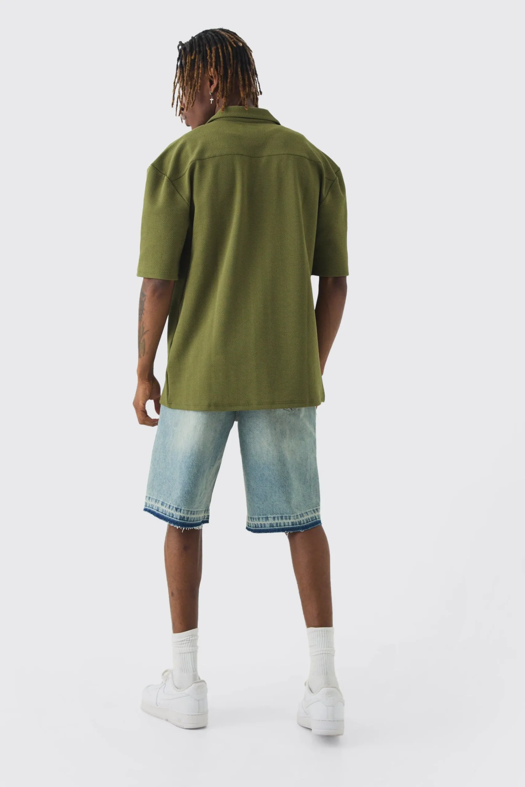 boohooMAN Tall Herringbone Detail Revere Shirt In | UK| Shirts