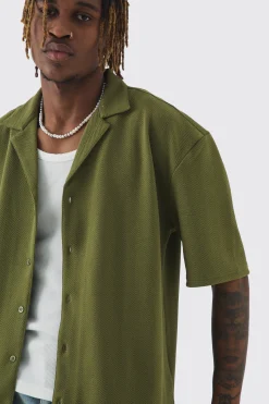 boohooMAN Tall Herringbone Detail Revere Shirt In | UK| Shirts