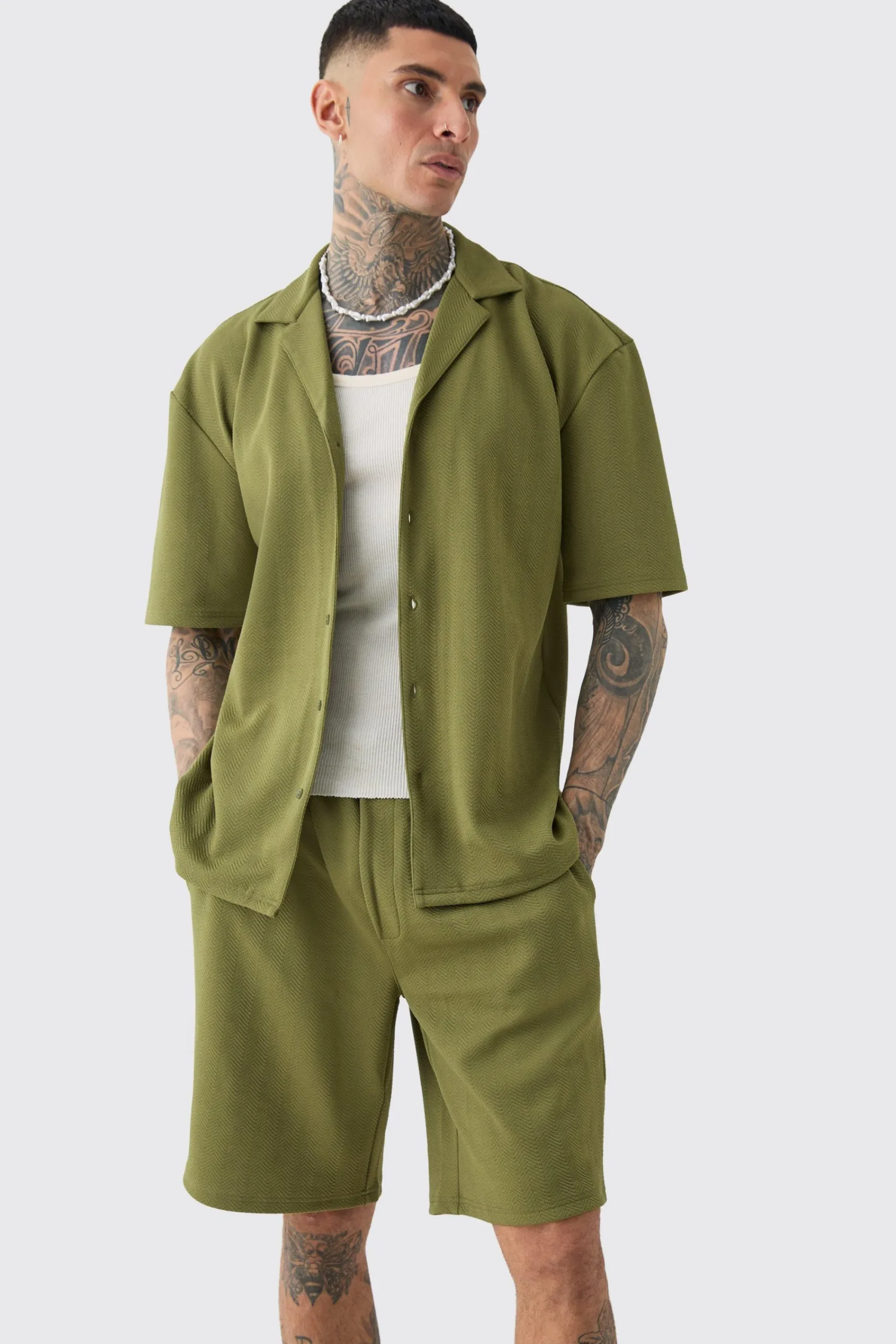 boohooMAN Tall Herringbone Detail Shirt & Short Set In | UK| Sets & Co-Ords
