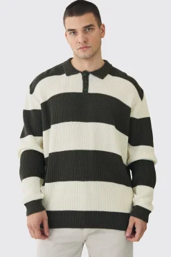 boohooMAN Tall Knitted Stripe Rugby Polo | UK| Knitwear