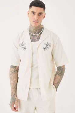 boohooMAN Tall Linen Embroidered Drop Revere Shirt In | UK| Shirts