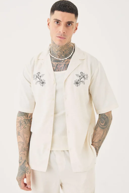 boohooMAN Tall Linen Embroidered Drop Revere Shirt In | UK| Shirts