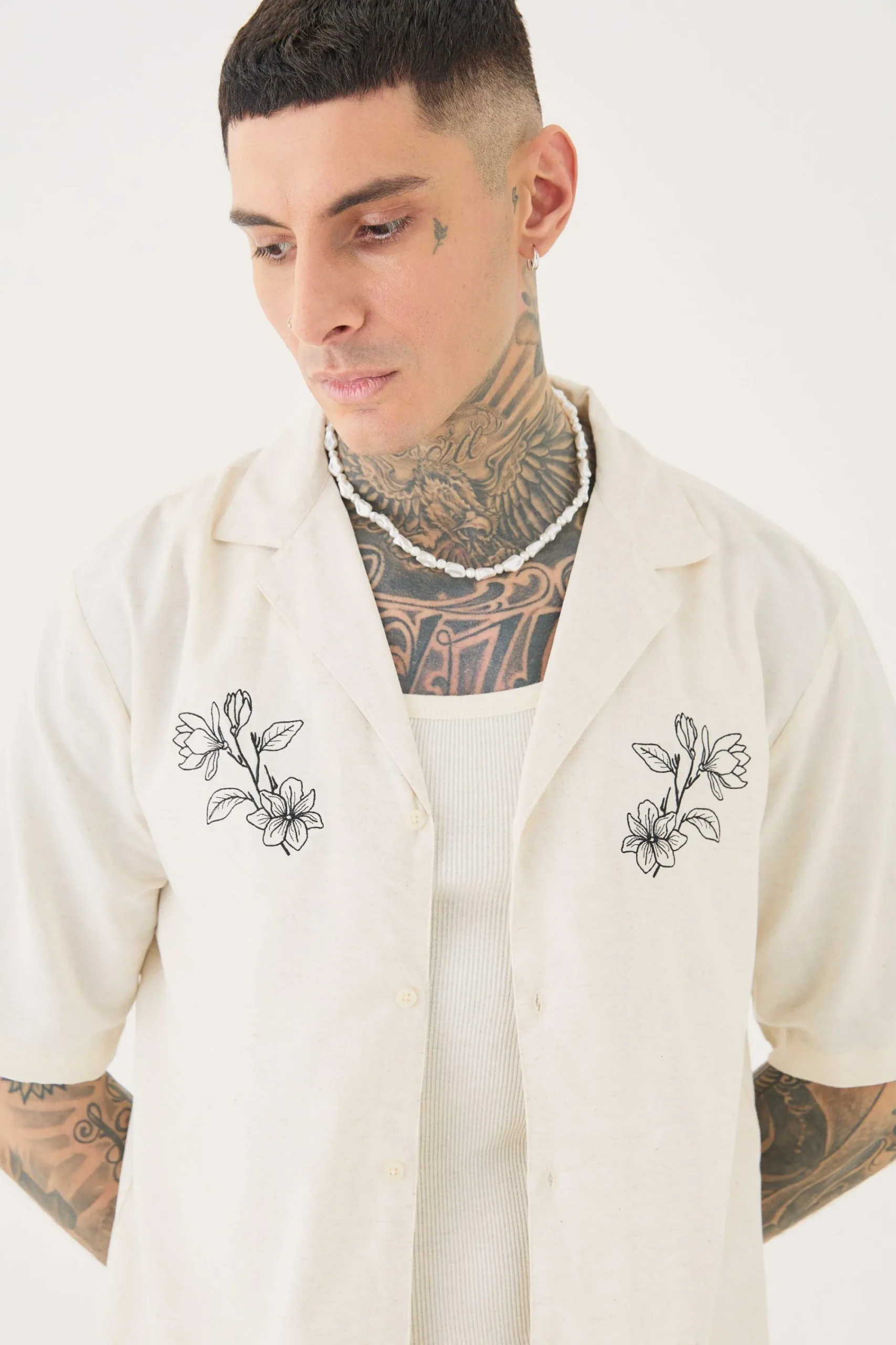 boohooMAN Tall Linen Embroidered Drop Revere Shirt In | UK| Shirts