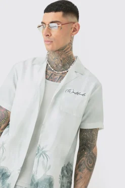 boohooMAN Tall Linen Look Watercolour Landscape Shirt & Short Set | UK| Sets & Co-Ords