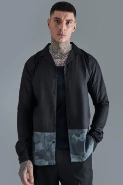 boohooMAN Tall Longsleeve Drop Revere Poplin Camouflage Print Shirt | UK| Shirts