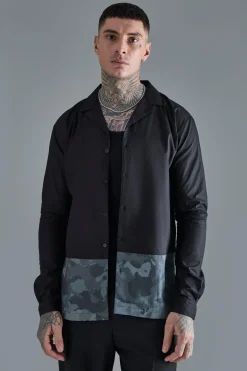 boohooMAN Tall Longsleeve Drop Revere Poplin Camouflage Print Shirt | UK| Shirts