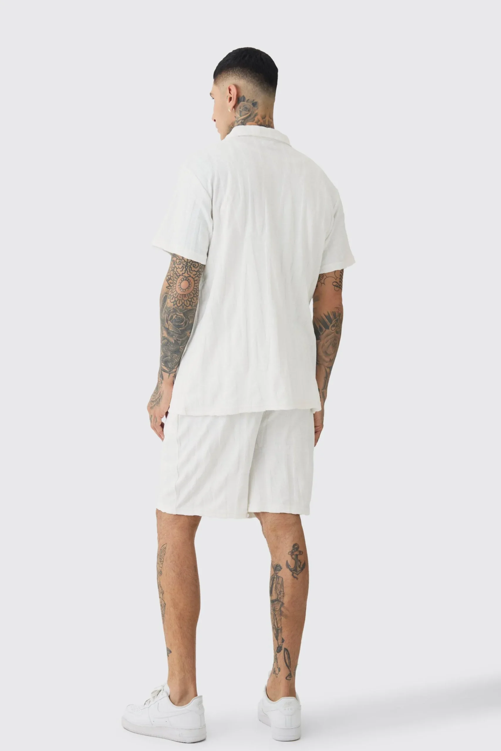 boohooMAN Tall Man Embossed Towelling Shirt & Short Set | UK| Tracksuits