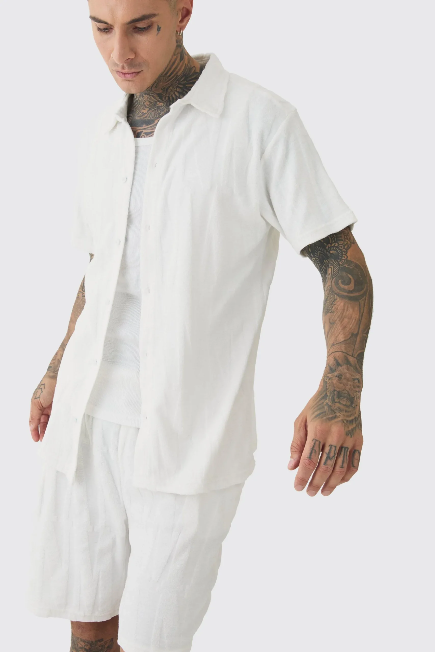 boohooMAN Tall Man Embossed Towelling Shirt & Short Set | UK| Tracksuits