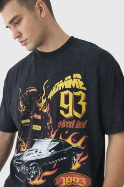 Tall Oversized Acid Washed Moto Print T-Shirt | UK^boohooMAN