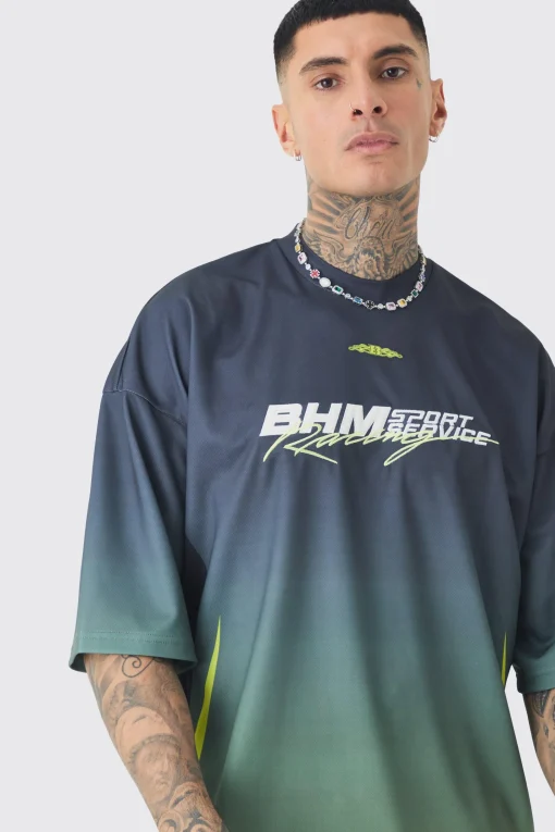 Tall Oversized Boxy Mesh Applique Ombre Printed T-shirt | UK^boohooMAN Online