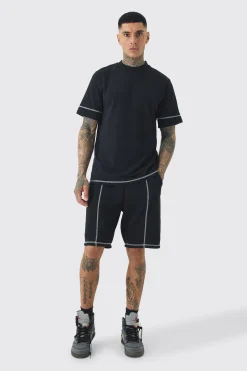 boohooMAN Tall Oversized Extended Contrast Sticth T-shirt & Short Set | UK| Tracksuits