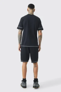 boohooMAN Tall Oversized Extended Contrast Sticth T-shirt & Short Set | UK| Tracksuits