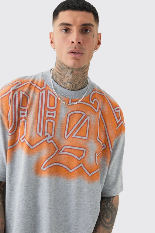 Tall Oversized Extended Neck Gothic Man Grafitti Spray T-shirt | UK^boohooMAN Clearance