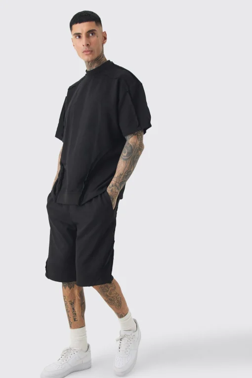 boohooMAN Tall Oversized Extended Neck Exposed Seam T-shirt & Short Set | UK| Tracksuits