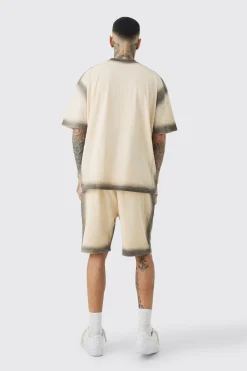 boohooMAN Tall Oversized Extended Neck Spray Wash T-shirt & Short Set | UK| Tracksuits
