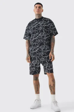 boohooMAN Tall Oversized Extended Neck Barbwire T-shirt & Short Set | UK| Tracksuits