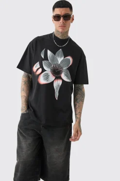 Tall Oversized Extended Neck Abstract Floral Print T-shirt | UK^boohooMAN Clearance