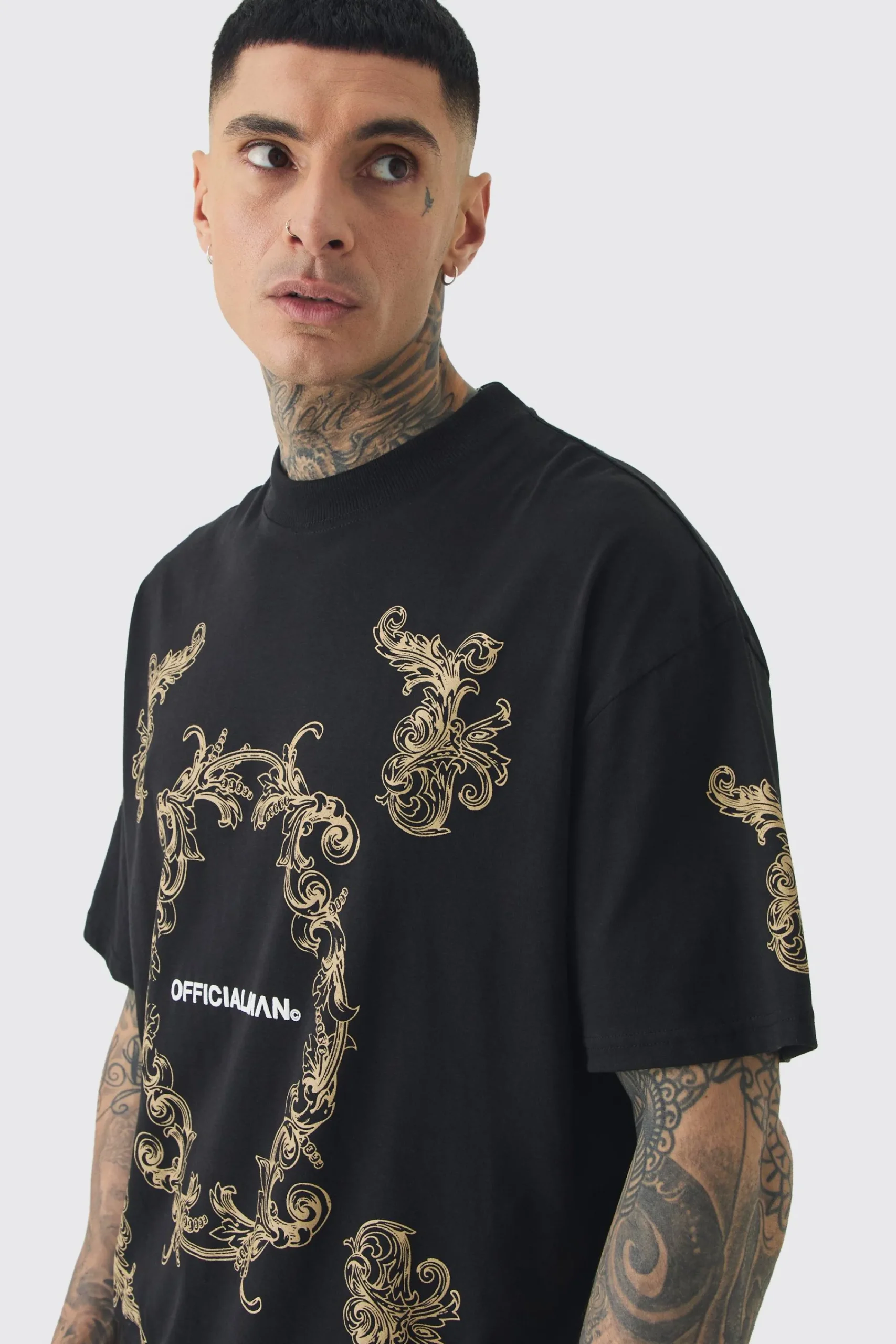 Tall Oversized Extended Neck Official Man Baroque Print T-shirt | UK^boohooMAN Best
