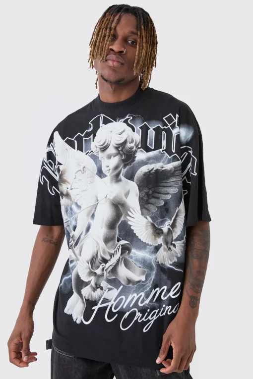 Tall Oversized Extended Neck Rennaisance Large Scale Print T-Shirt | UK^boohooMAN