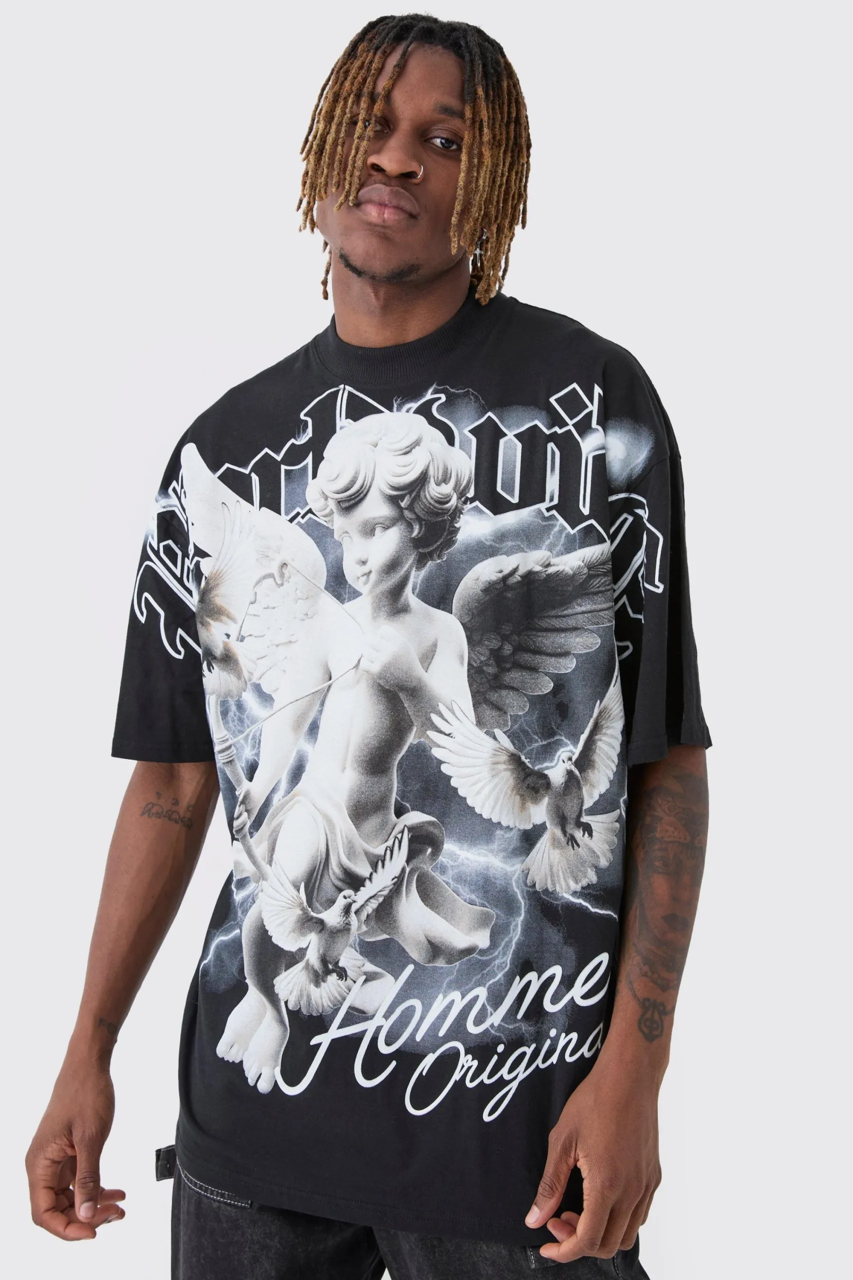 Tall Oversized Extended Neck Rennaisance Large Scale Print T-Shirt | UK^boohooMAN