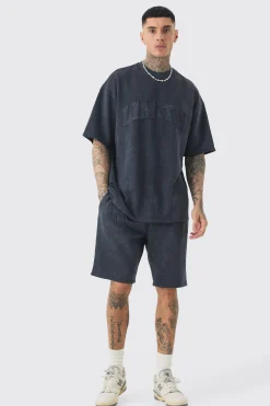 boohooMAN Tall Oversized Limited Applique Washed T-shirt & Short Set | UK| Tracksuits