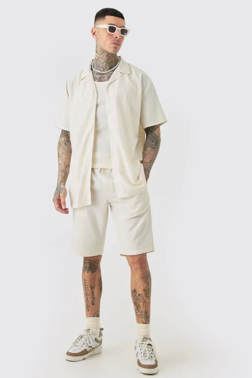 boohooMAN Tall Oversized Linen Drop Revere Shirt & Short Set In | UK| Sets & Co-Ords