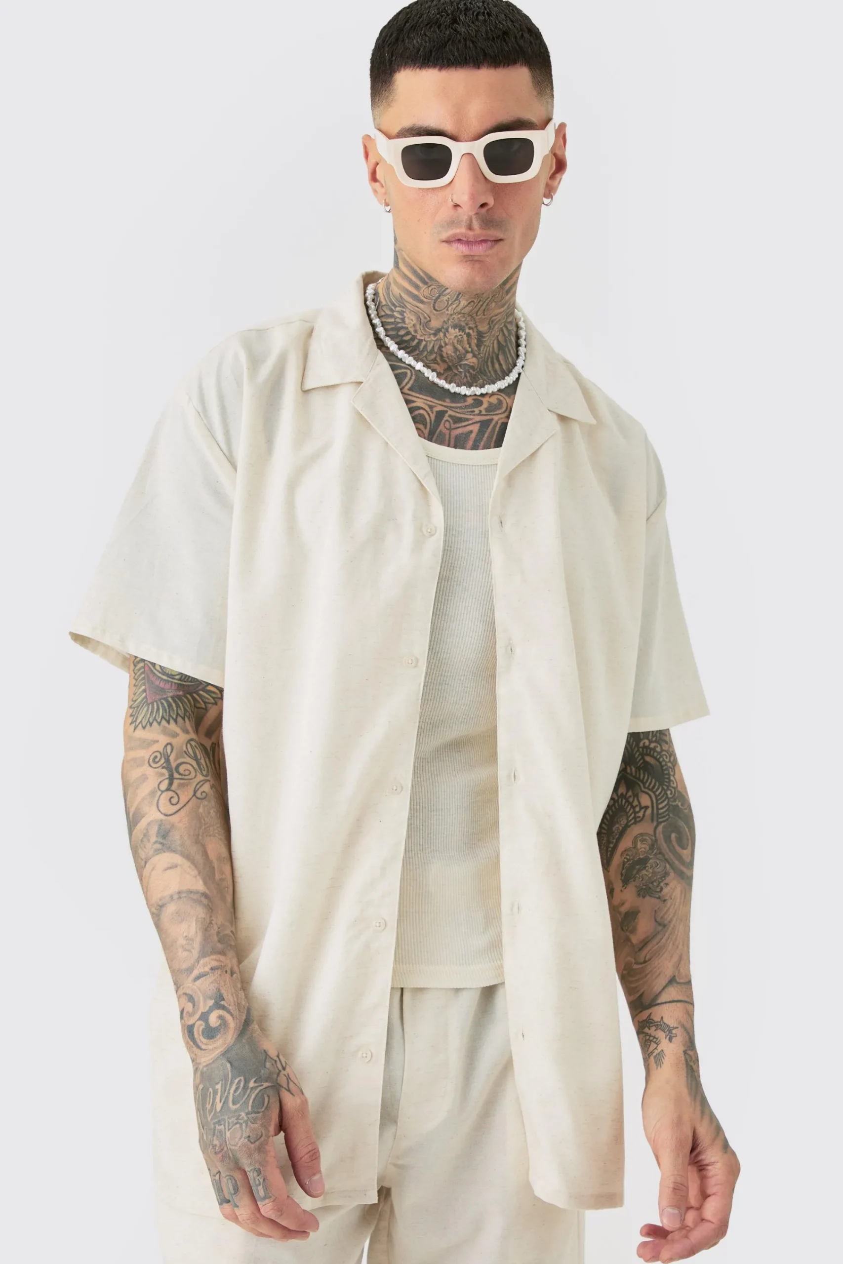 boohooMAN Tall Oversized Linen Drop Revere Shirt & Short Set In | UK| Sets & Co-Ords