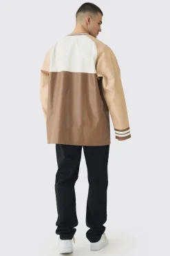 boohooMAN Tall Oversized Pu Raglan Embroidered Varsity Sweater | UK| Hoodies & Sweatshirts