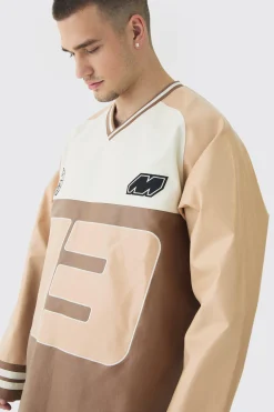 boohooMAN Tall Oversized Pu Raglan Embroidered Varsity Sweater | UK| Hoodies & Sweatshirts