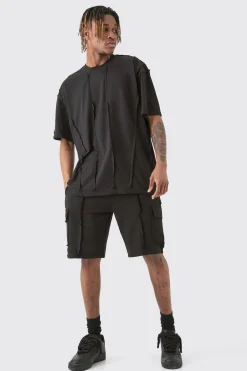 boohooMAN Tall Oversized Raw Interlock Seam T-shirt & Cargo Short Set | UK| Shorts|Tracksuits