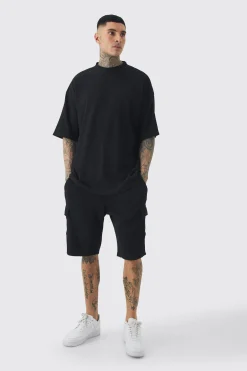 boohooMAN Tall Oversized Waffle T-shirt & Cargo Short Set | UK| Shorts|Tracksuits