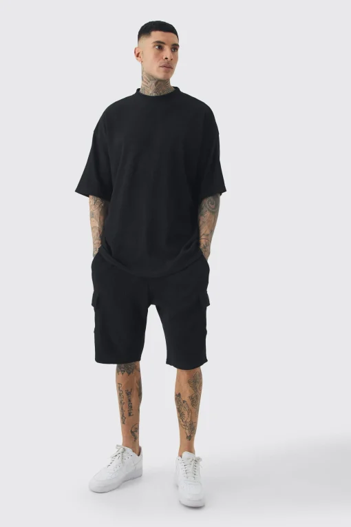 boohooMAN Tall Oversized Waffle T-shirt & Cargo Short Set | UK| Shorts|Tracksuits